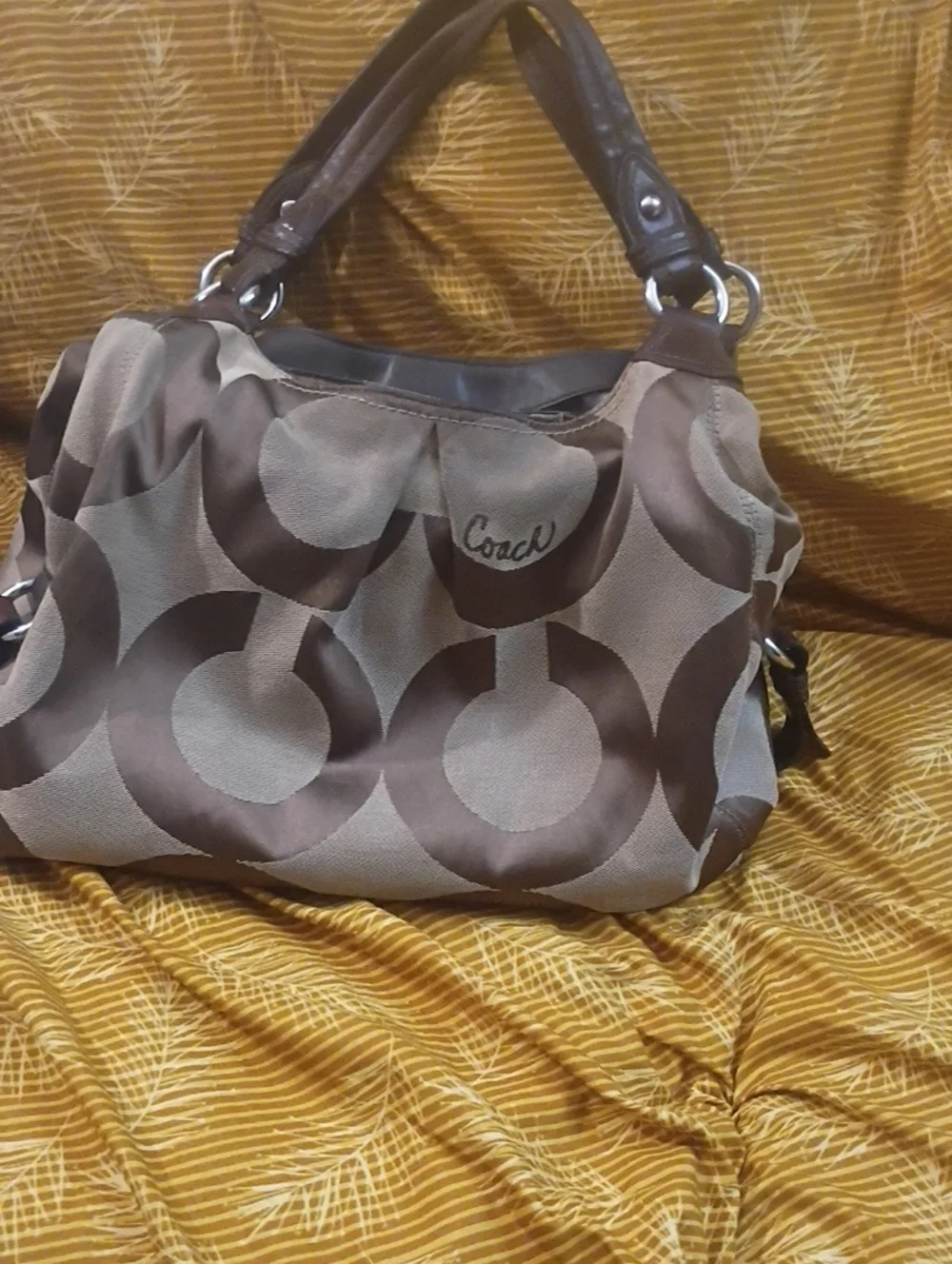 Coach Signature Hobo Bag in Taupe and Dark Brown